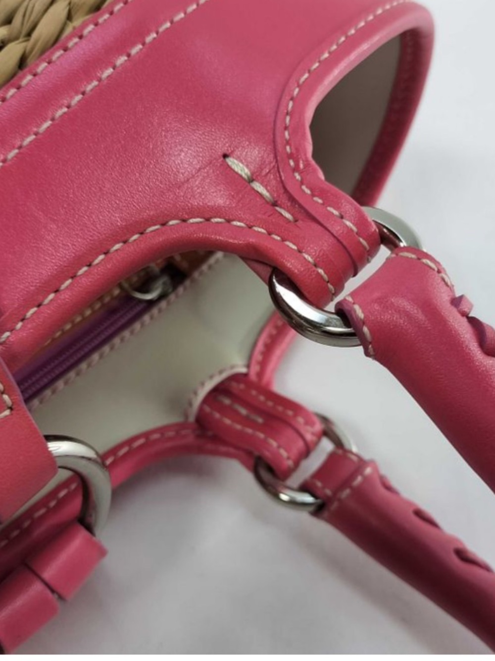 Coach Woven Straw & Pink Leather Butterfly Handbag NWOT+Charms - Picture 4 of 14